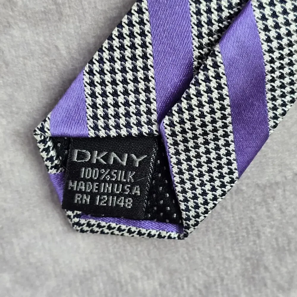 DKNY Purple Houndstooth Stripe Geometric‎ Executive Black White Neck Tie Men's